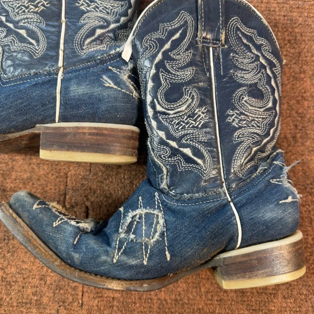 Old West Kids Distressed Blue Denim Cowboy Boots Pointed Toe Western Size 12 C+